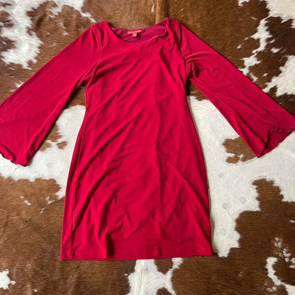 Red Sheath Dress with Bell Sleeves and Crew Neck